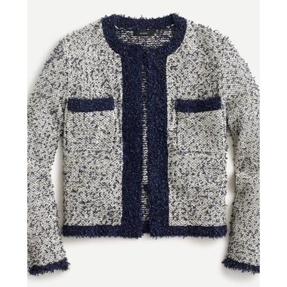 J.Crew Sz M contrast tweed white Navy Open front cropped jacket blazer cardigan - Picture 4 of 12